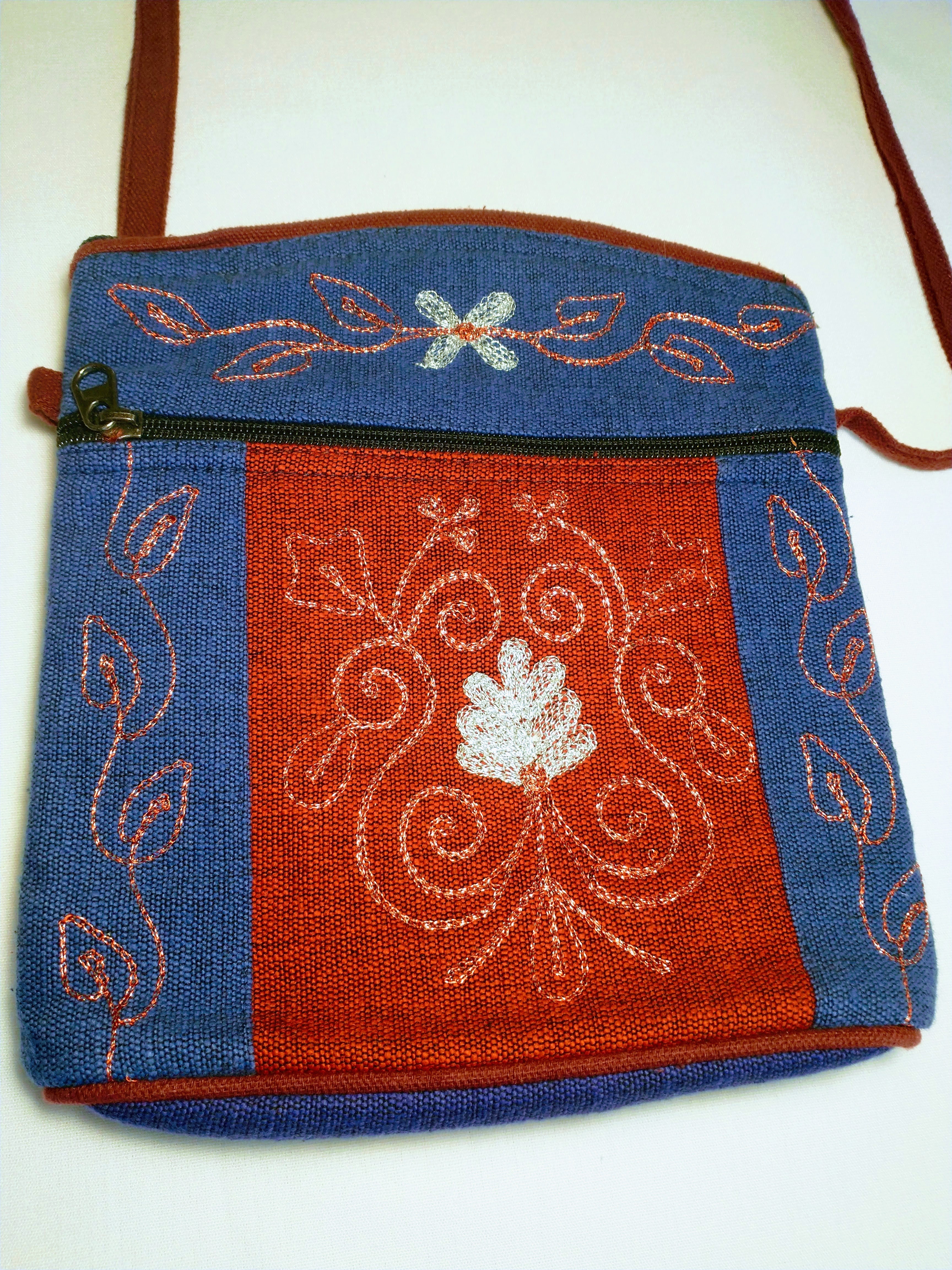 Wide Bottom Crossbody Blue/Red with White Flower